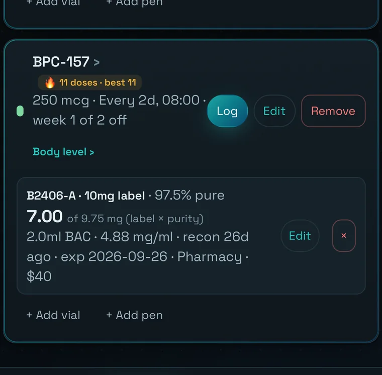 A PinTrax compound in an off block, its schedule line reading week 1 of 2 off