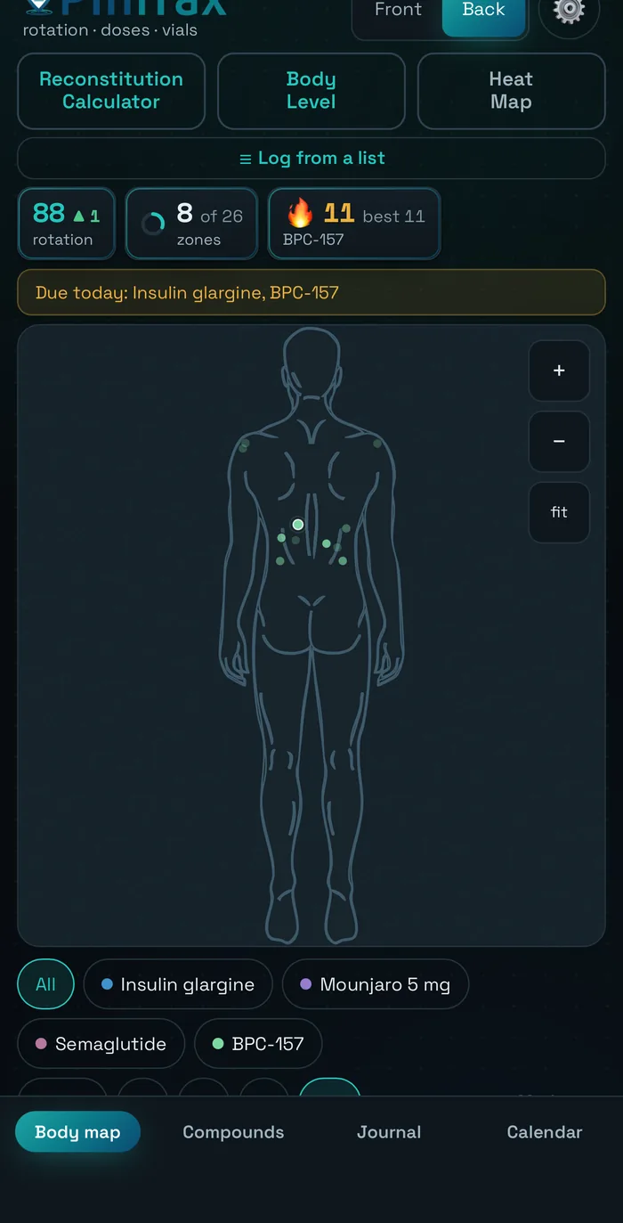 Back body map with logged injection sites