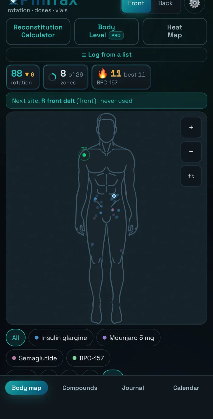 PinTrax front body map showing recent injection sites and a suggested next site